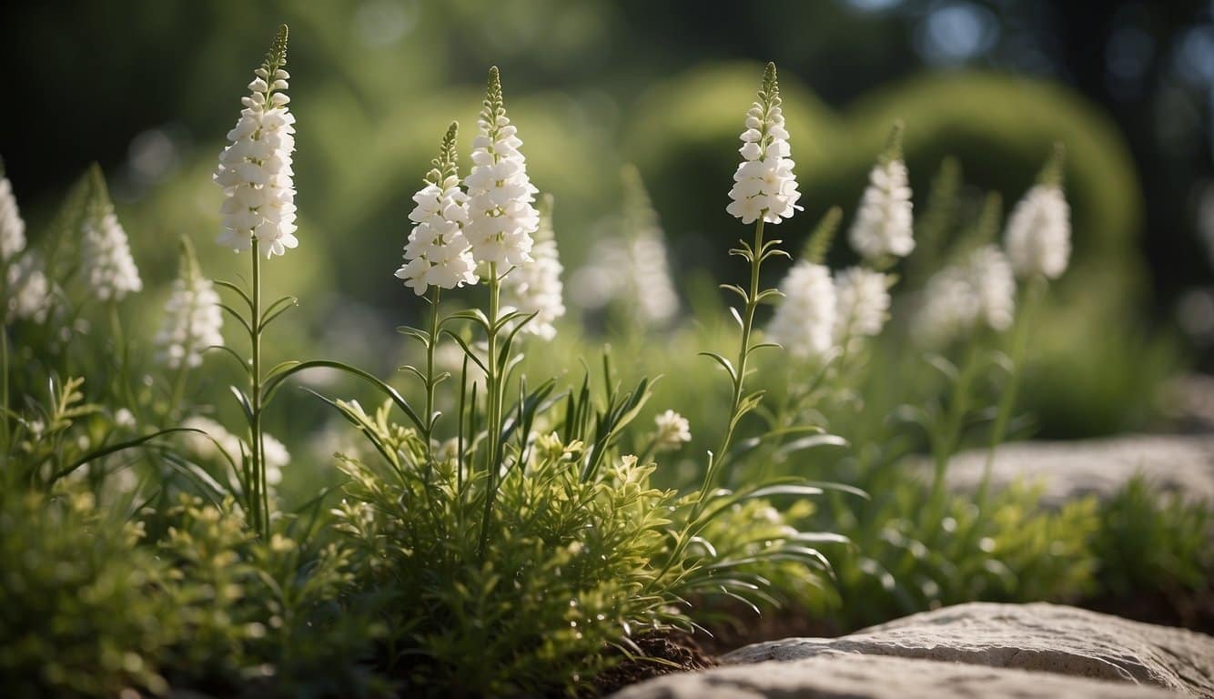 Ein heiterer Garten mit blühenden Staphisagria-Blumen, die ein Gefühl von Ruhe und Gelassenheit in der Atmosphäre hervorrufen 