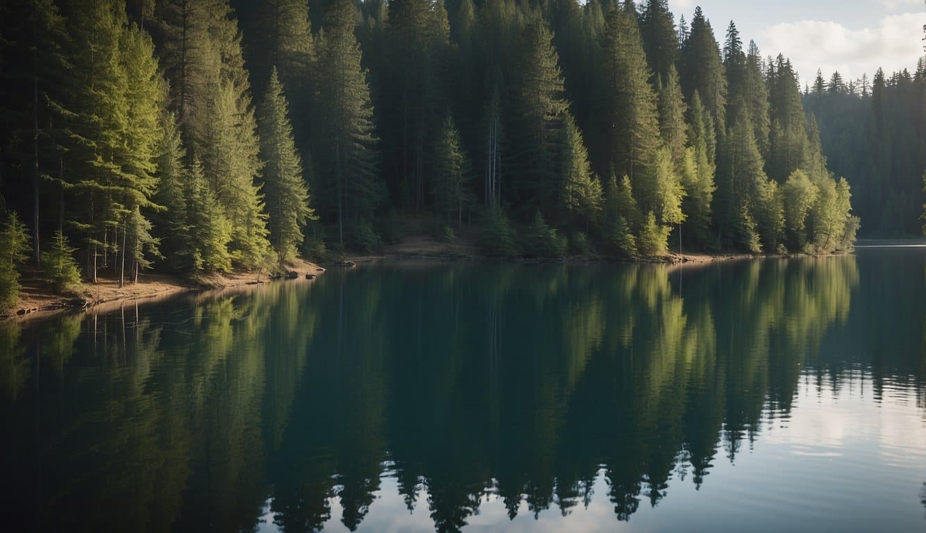 In einem ruhigen See spiegelt sich der umliegende Wald wider, was ein Gefühl der Ruhe und Gelassenheit hervorruft. Die Wellen auf dem Wasser vermitteln ein Gefühl der Bewegung und des Fließens 