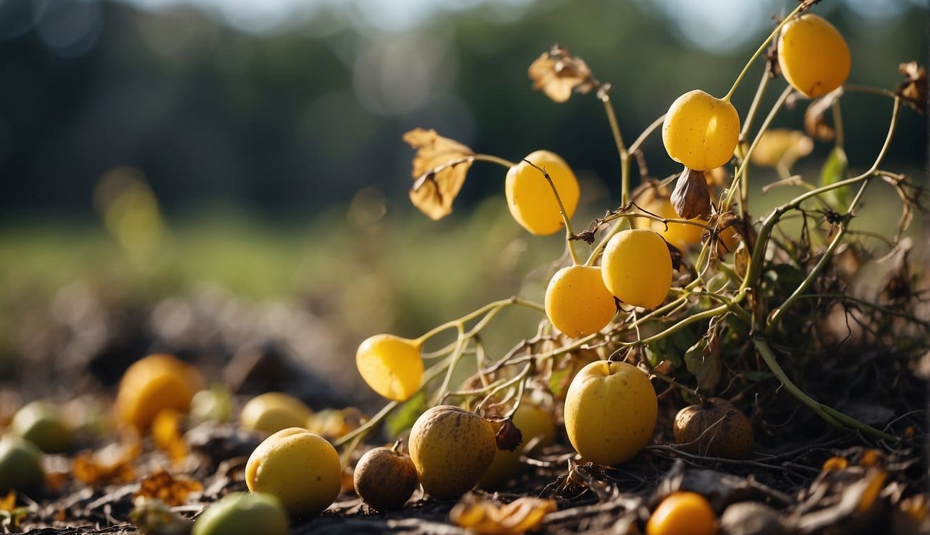 A wilted plant with yellowing leaves and drooping stems, surrounded by decaying fruits and vegetables