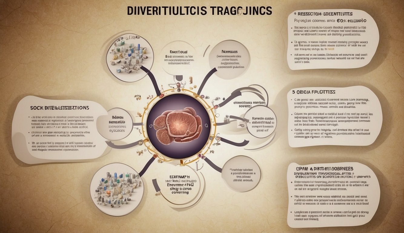 Ein Schema, das die Grundlagen und Ursachen der Divertikulitis zeigt, wobei der Zusammenhang zwischen der Erkrankung und psychologischen Faktoren hervorgehoben wird 