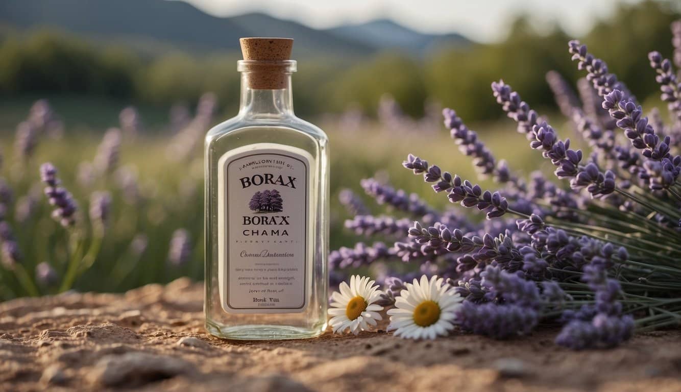 Eine ruhige Umgebung mit einer Flasche Borax, umgeben von beruhigenden Elementen wie Lavendel und Kamille. Eine friedliche Atmosphäre mit sanfter Beleuchtung und beruhigenden Farben, um die psychologische Wirkung von Borax zu vermitteln 