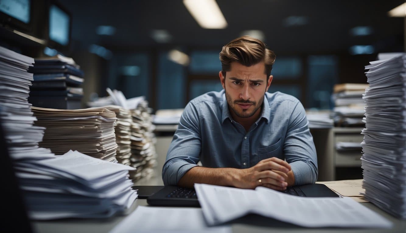 A person sitting in front of a computer, surrounded by paperwork and looking stressed and anxious 