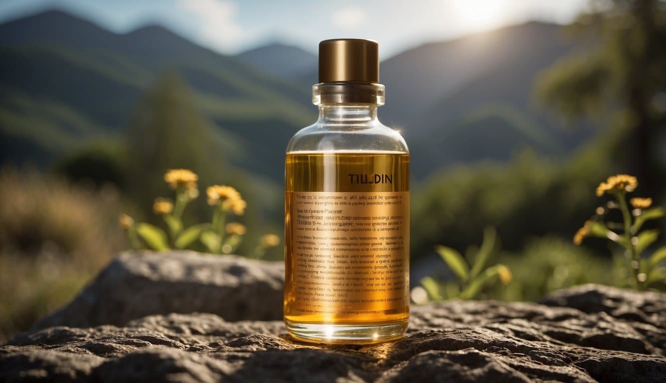 A bottle of Tilidin with its basic properties and side effects, including its impact on the psyche, displayed on a clean, clinical surface 