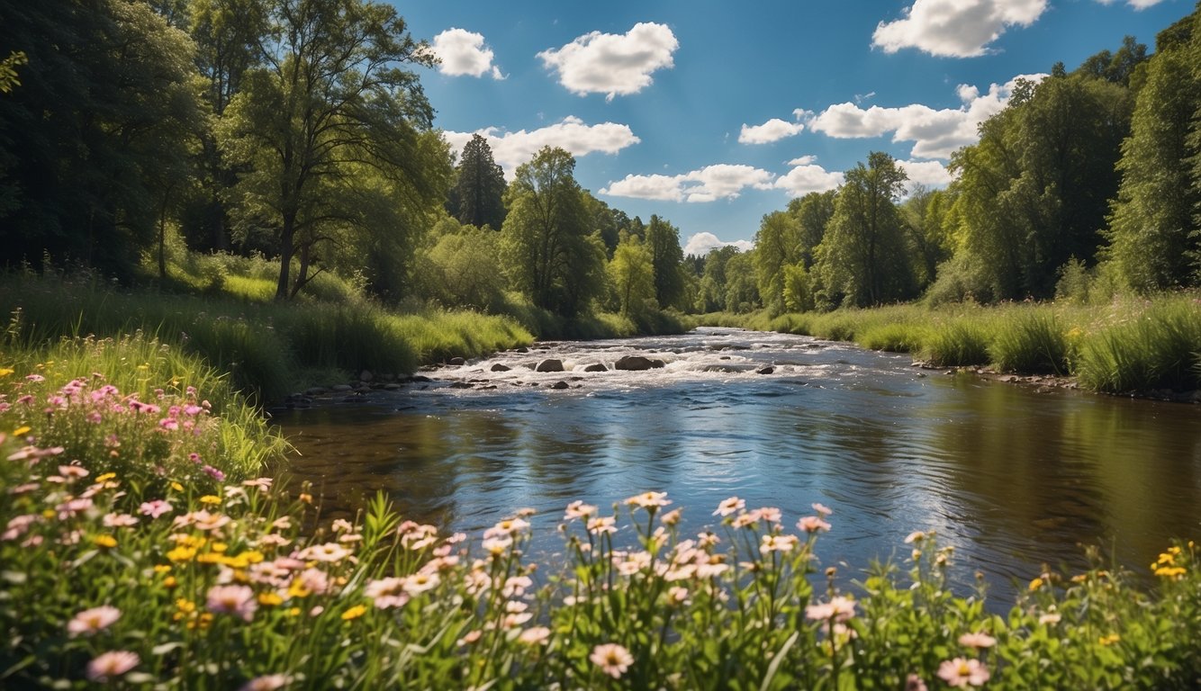 Eine ruhige Landschaft mit einem ruhigen, fließenden Fluss, umgeben von üppigem Grün und bunten Blumen, unter einem klaren blauen Himmel mit sanften Wolken