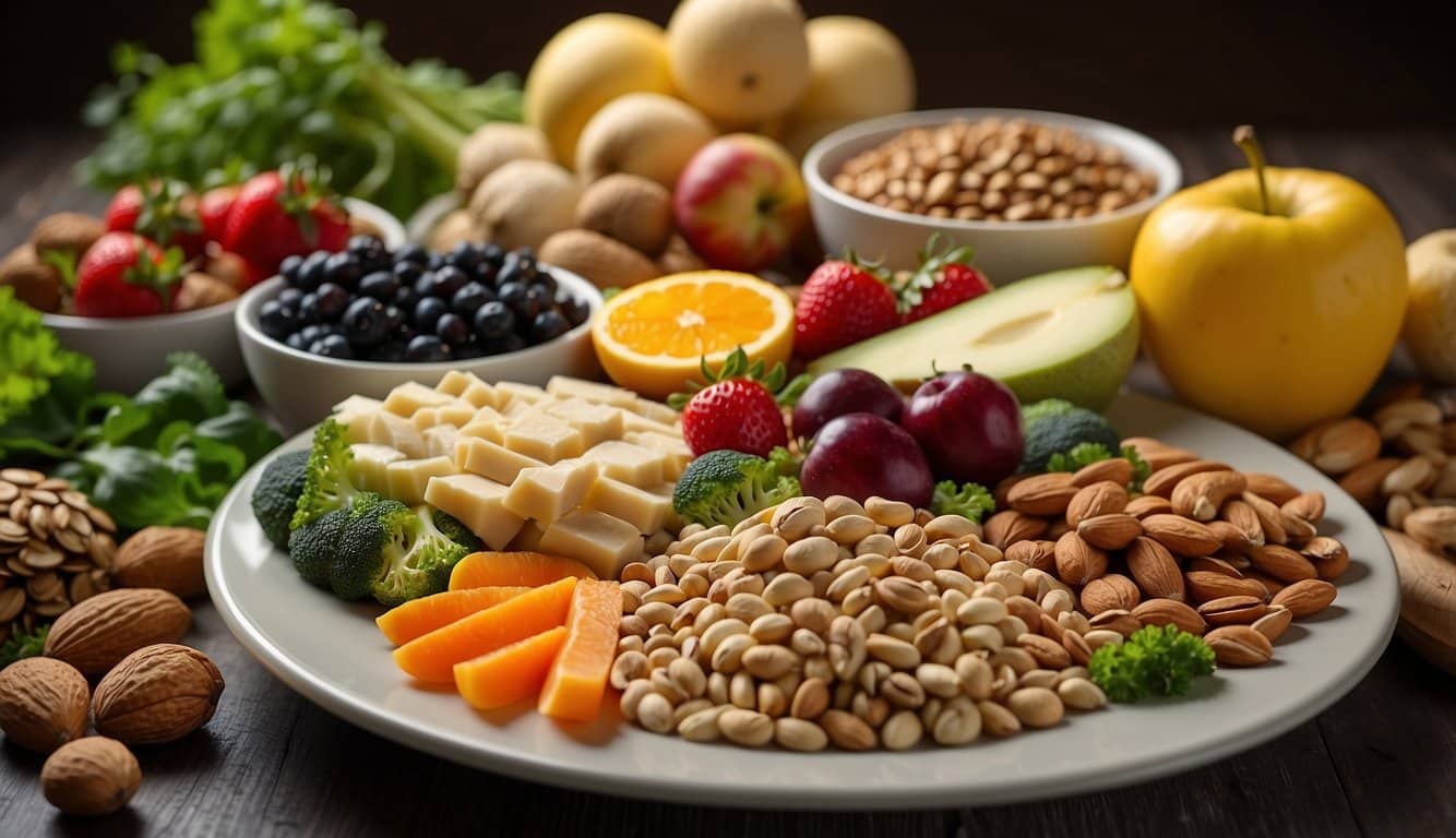 v2 7sssa aewer Ein farbenfroher Teller mit Lebensmitteln, die Vitamin B1 enthalten, wie z. B. Vollkornprodukte, Nüsse und Hülsenfrüchte, umgeben von leuchtendem Obst und Gemüse