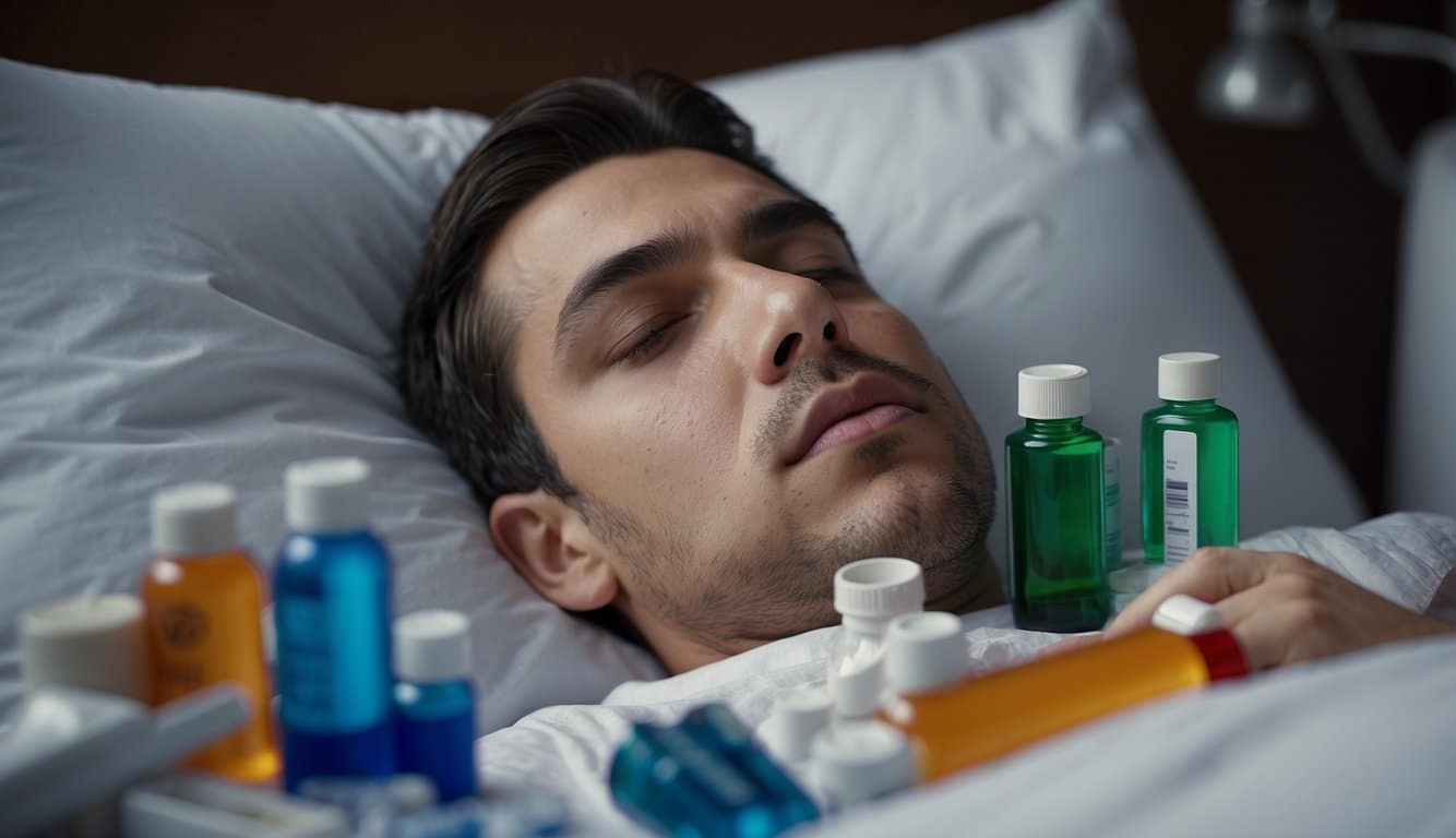 Eine Person, die mit einem Thermometer im Mund im Bett liegt, umgeben von Tüchern und Medikamentenflaschen, und die müde und unwohl aussieht 