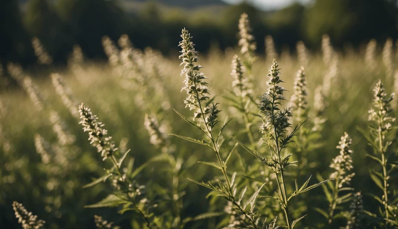 Ein Feld mit Beifußpflanzen, die sich im Wind wiegen, mit einer ruhigen und friedlichen Atmosphäre 