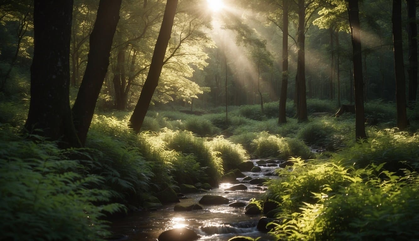 Eine ruhige Waldlichtung, in der das Sonnenlicht durch die Bäume bricht und einen ruhigen Bach beleuchtet, der sich durch das üppige Grün schlängelt 