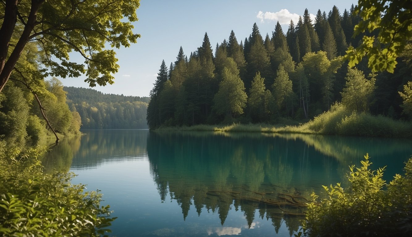 Eine ruhige Umgebung mit einem ruhigen See, üppigem Grün und einem klaren blauen Himmel, die ein Gefühl von Frieden und Entspannung hervorruft