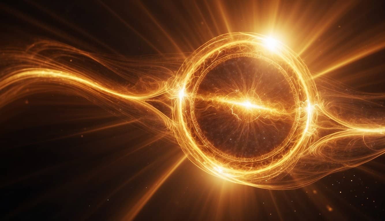 Eine strahlende, glühende Sonne im Zentrum eines pulsierenden, wirbelnden Energiefeldes, das Kraft und Macht ausstrahlt 