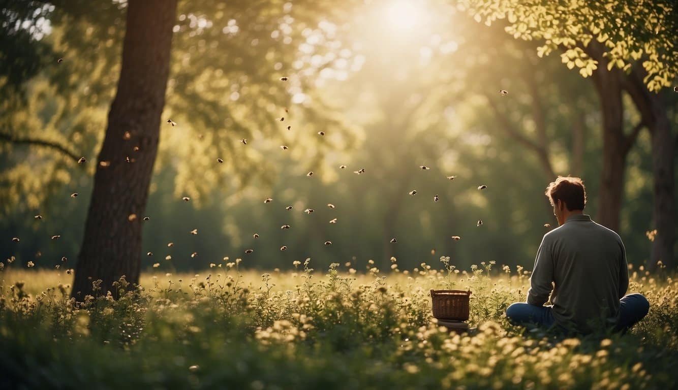 v2 72ntr pqhla Ein ruhiger Wald mit Bienen, die Propolis sammeln, während ein Mensch in der Nähe meditiert