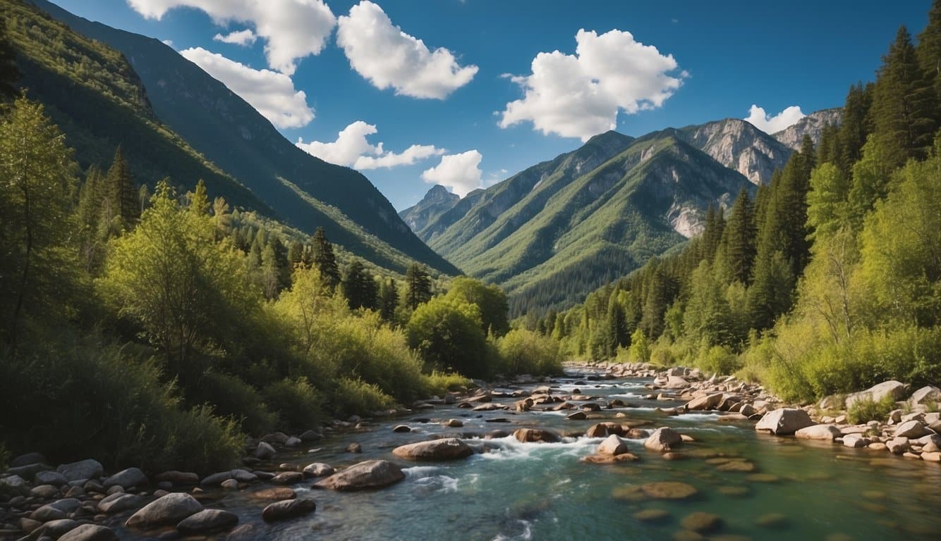 Eine ruhige Berglandschaft mit einem sich schlängelnden Fluss, lebhaftem Grün und einem klaren blauen Himmel, die für geistige Widerstandsfähigkeit und Stärke stehen 