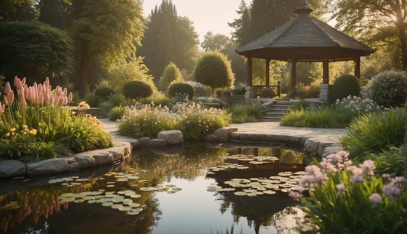 Ein ruhiger Garten mit blühenden Blumen und einem ruhigen Teich, umgeben von üppigem Grün und in sanftes Sonnenlicht getaucht 