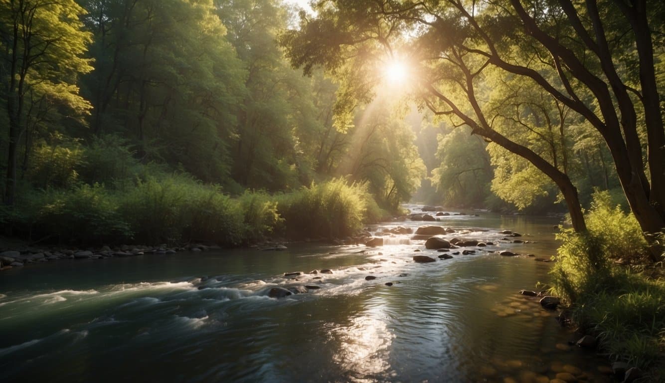 Eine ruhige Umgebung mit Naturelementen, wie ein ruhiger Fluss, der durch einen friedlichen Wald fließt, mit zwitschernden Vögeln und Sonnenlicht, das durch die Bäume fällt 