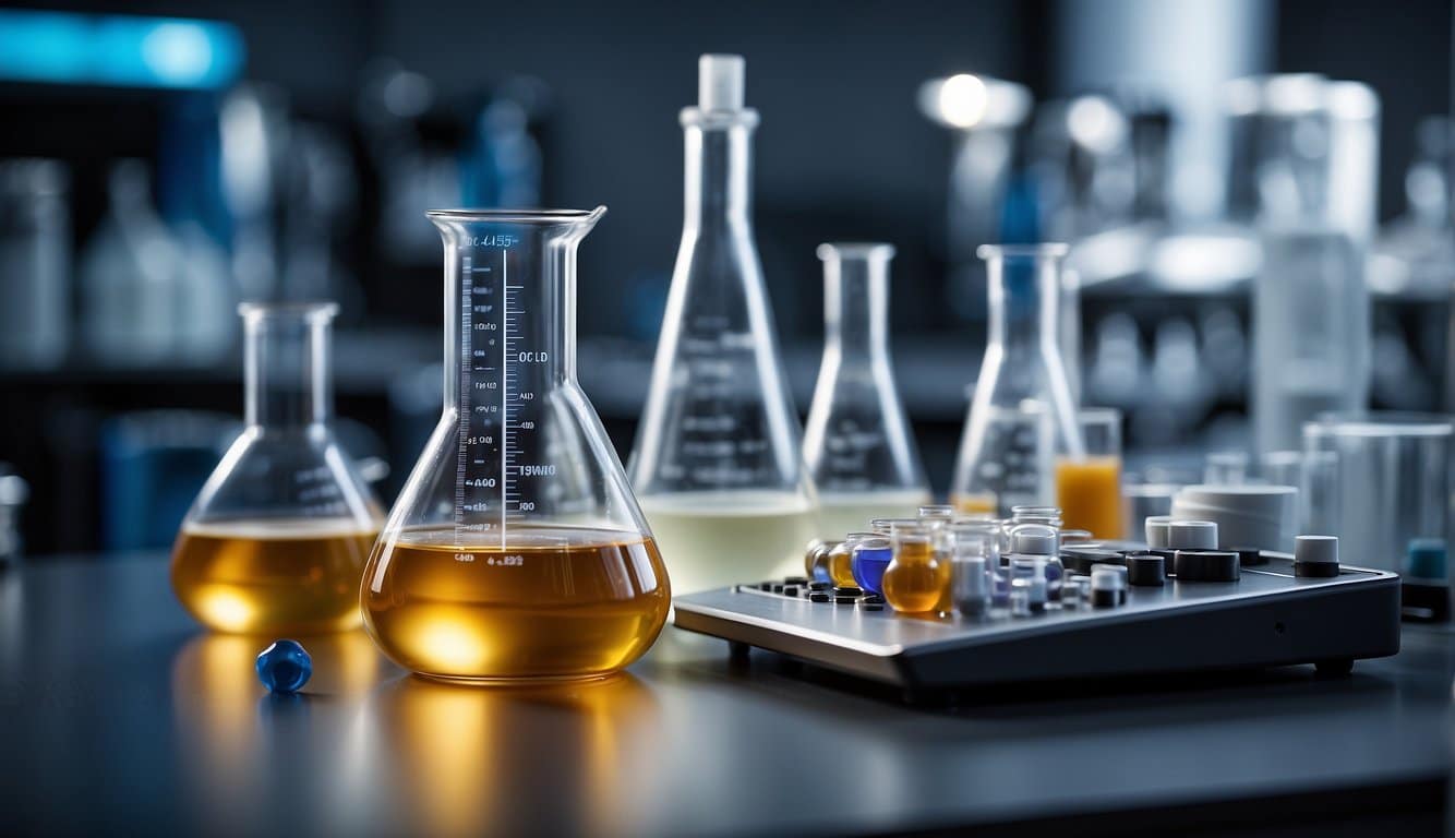 Eine Laborsituation mit einem Becher, der L-Glutamin enthält, umgeben von wissenschaftlichen Geräten und Diagrammen, die seine Eigenschaften und Auswirkungen auf die Psyche beschreiben 