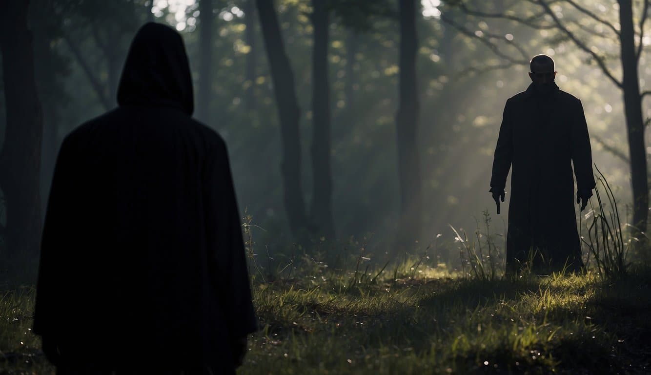 Eine schattenhafte Gestalt lauert im Hintergrund und beobachtet und verfolgt ihr Ziel mit unheimlicher Intensität. Die Augen des Stalkers sind von Besessenheit und einem beunruhigenden Gefühl der Kontrolle erfüllt 