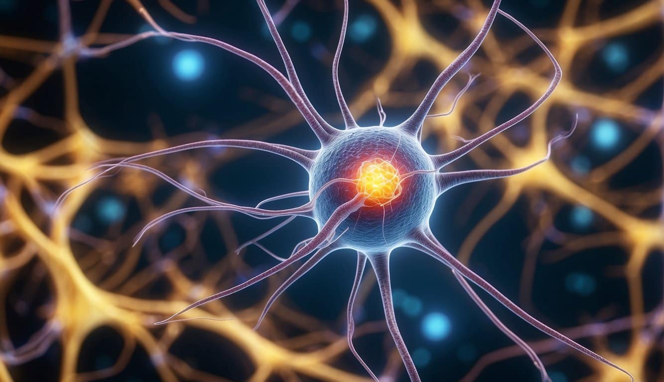 Eine vibrierende Nervenzelle, umgeben von B-Vitaminen, die Gesundheit und Vitalität ausstrahlt 