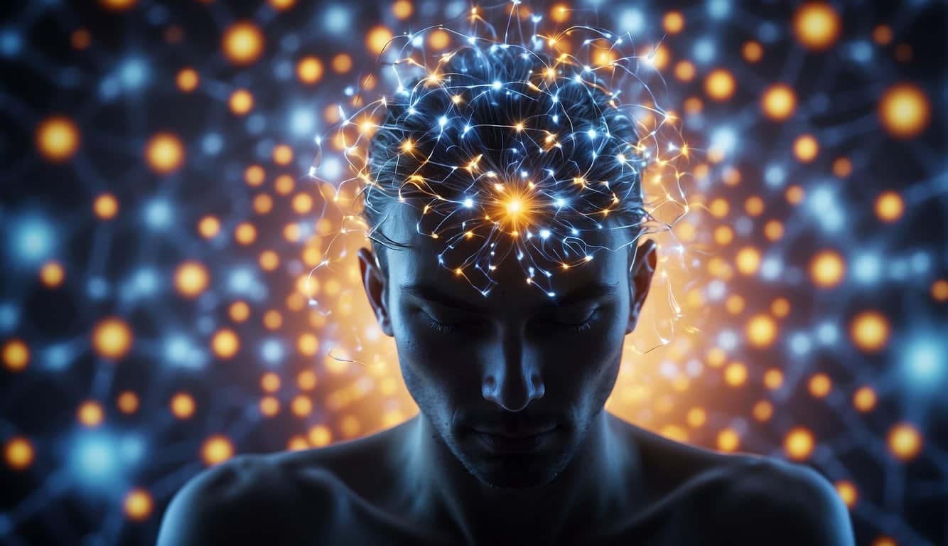 Ein ruhiger Geist, umgeben von wirbelnden Neurotransmittern, die die psychologische Wirkung von L-Glutamin auf die Psyche darstellen 