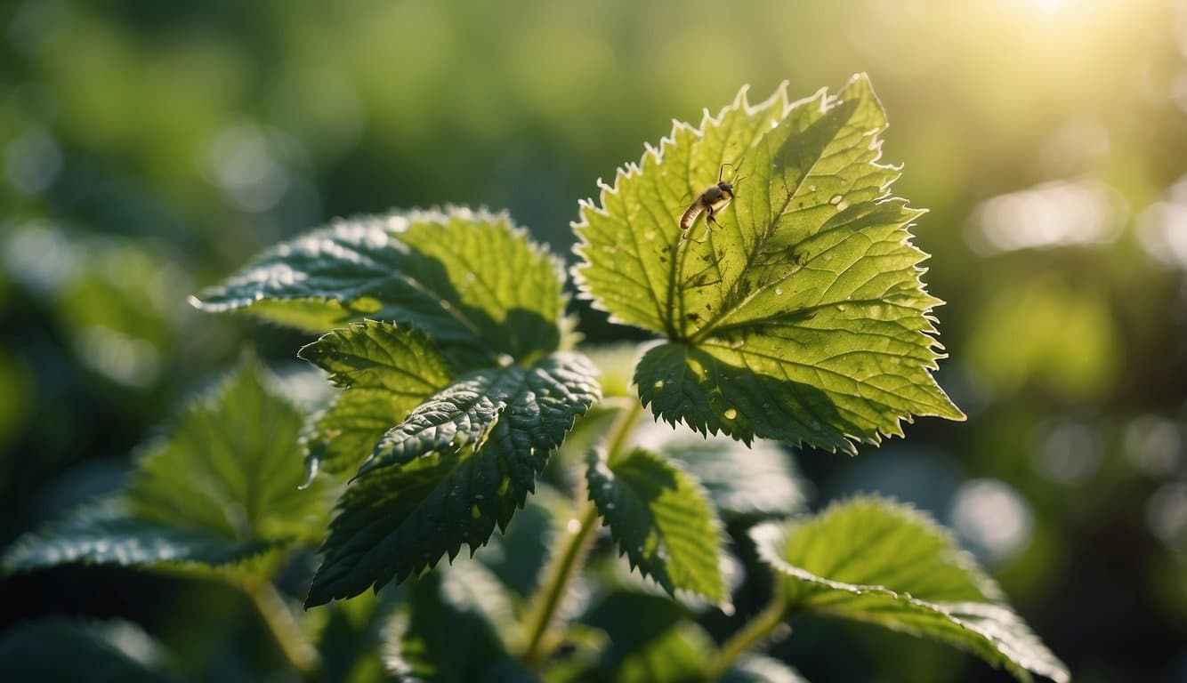 Eine lebendige Brennnesselpflanze mit ihren charakteristischen gezackten Blättern und winzigen Brennhaaren, umgeben von kleinen Insekten und Bienen 