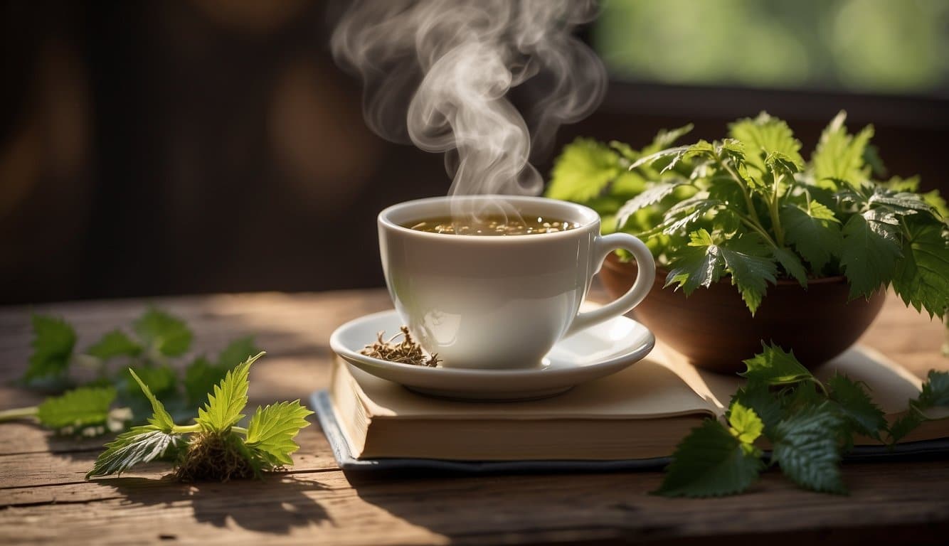 Eine dampfende Tasse Brennnesseltee steht auf einem Holztisch, umgeben von getrockneten Brennnesselblättern und einem Buch über die Vorteile der Brennnessel für Körper und Geist.  