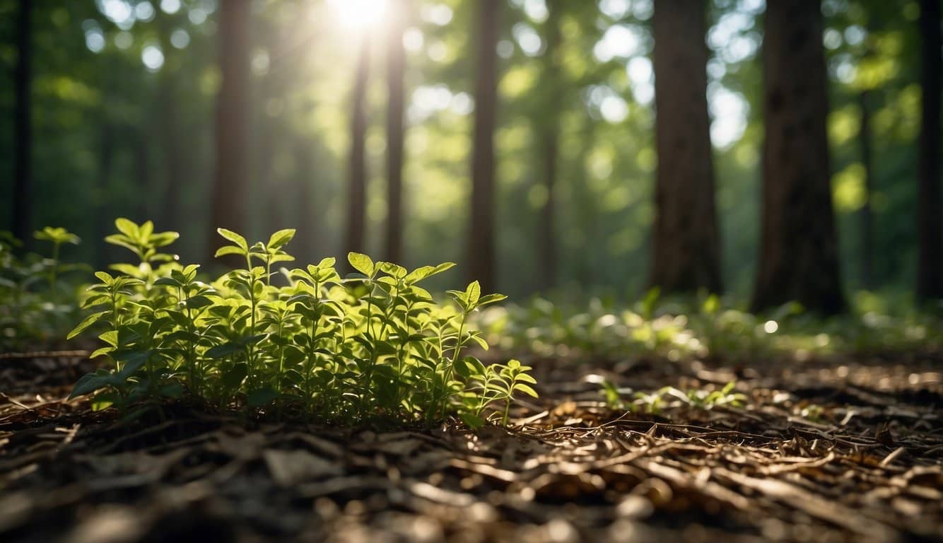 Eine ruhige Waldlichtung, in der das Sonnenlicht durch die Bäume dringt und schräge Schatten auf den Boden wirft. Eine sanfte Brise trägt den Duft von Oregano und schafft eine friedliche und beruhigende Atmosphäre 