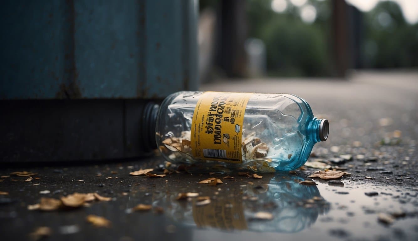 Eine Flasche Melperon wird in einen Mülleimer geworfen 