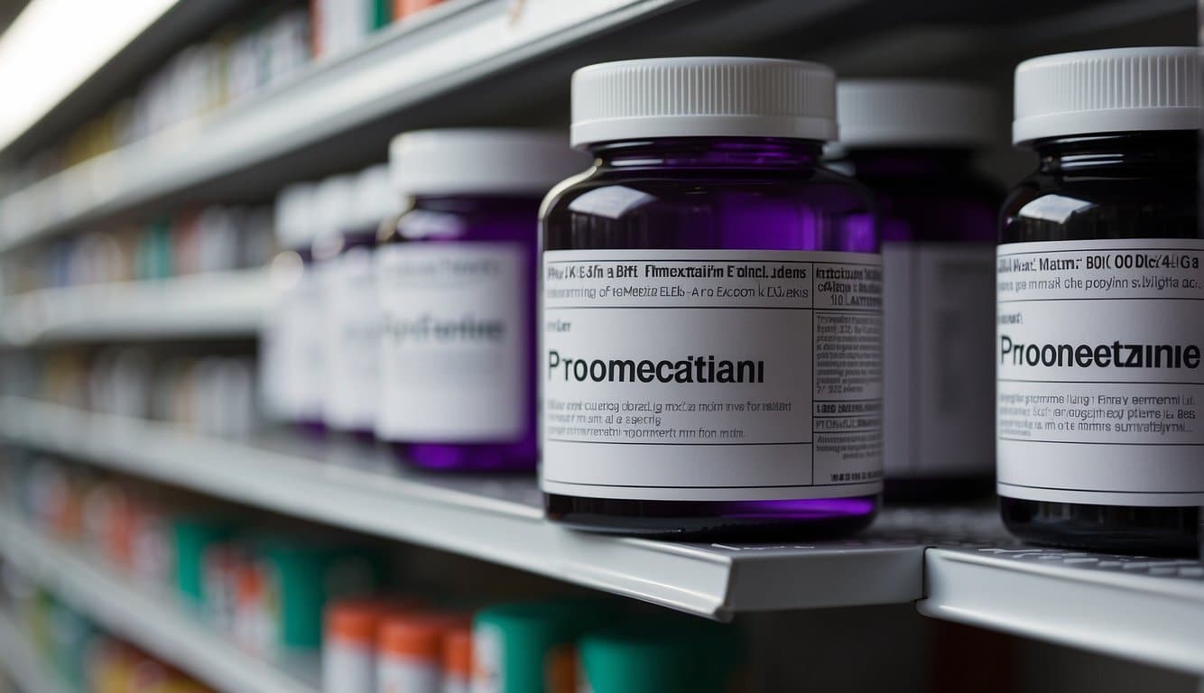 Possible reasons for discontinuing Promethazine. Show a bottle of medication with a label indicating "Promethazine" being placed on a shelf or in a trash bin