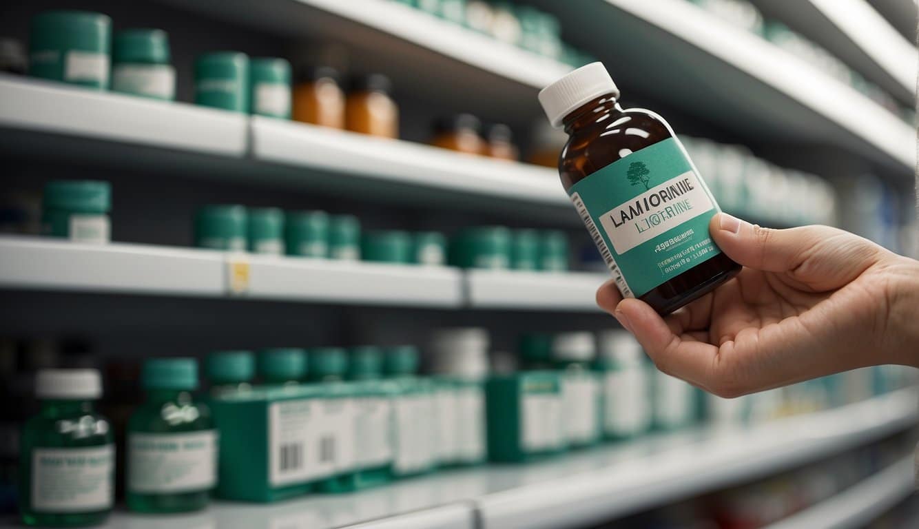 A bottle of Lamotrigine being placed on a pharmacy shelf, with a hand reaching for it