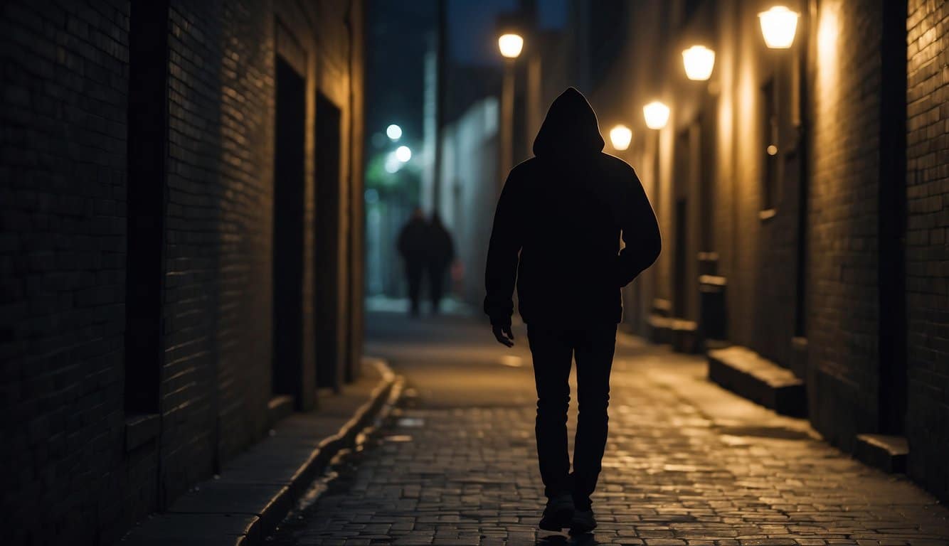 Eine schattenhafte Gestalt geht durch eine schwach beleuchtete Gasse, blickt nervös über die Schulter und vermittelt ein Gefühl von Unbehagen und Verletzlichkeit. 
