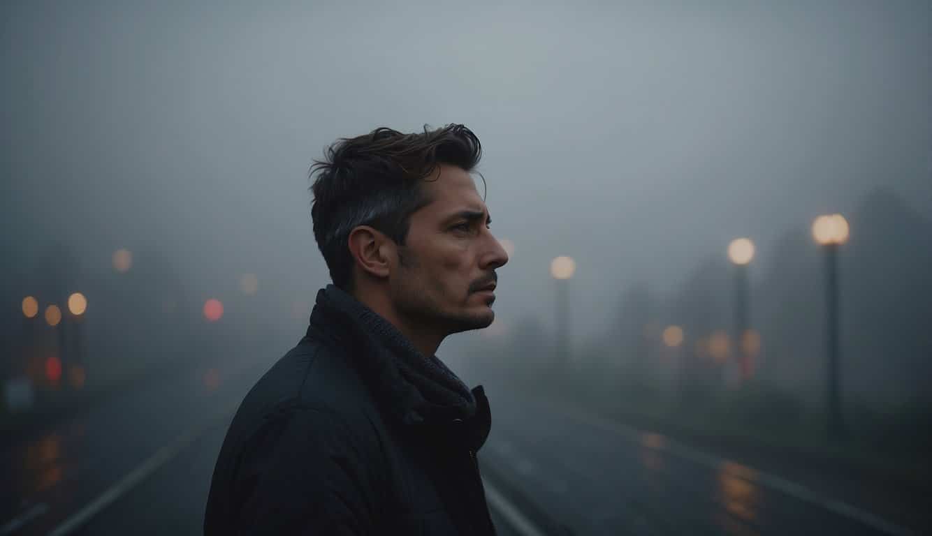 Eine Person, die sich ängstlich und erschöpft fühlt, umgeben von dunklen Wolken und einem nebligen Dunst 