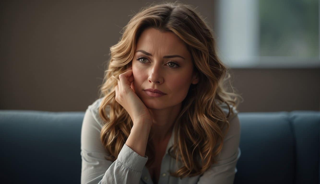 Eine Frau sitzt auf einer Couch, hält ihren Kopf in den Händen und hat einen gequälten Gesichtsausdruck, als ob sie mit den emotionalen Nebenwirkungen einer Kupferspirale kämpft. 