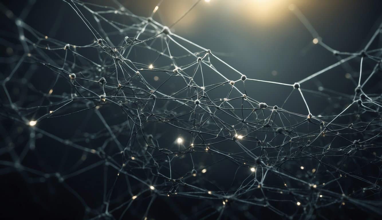 Ein dunkles, verworrenes Netz von Neuronen mit niedrigem Dopaminspiegel, umgeben von einer Wolke der Unsicherheit und des Ungleichgewichts 