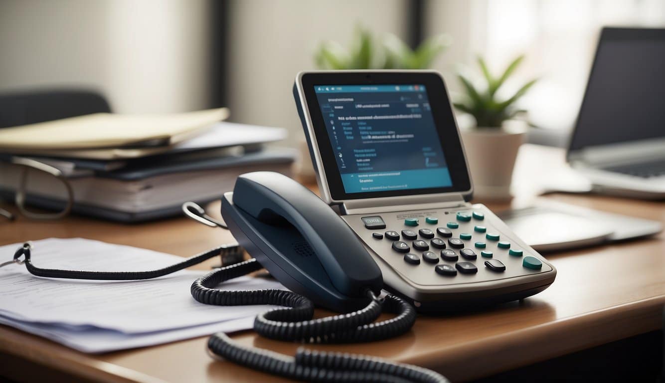 Ein unordentlicher Schreibtisch mit einem abgenommenen Telefon, verstreuten Papieren und einem Computerbildschirm, auf dem ein Formular für stressbedingten Krankenurlaub angezeigt wird 