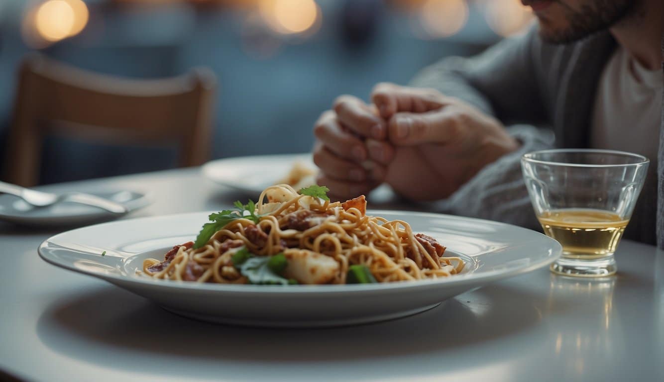 Eine Person, die auf einen leeren Teller starrt und sich durch ihre Unfähigkeit, aus psychologischen Gründen zu essen, gefangen fühlt 