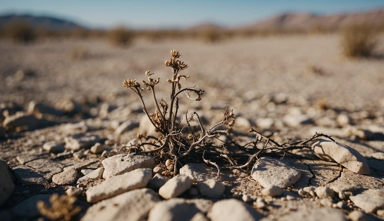 Eine verdorrte Pflanze, die in einer kargen Landschaft verwelkt, umgeben von rissiger Erde und einer trostlosen Atmosphäre 