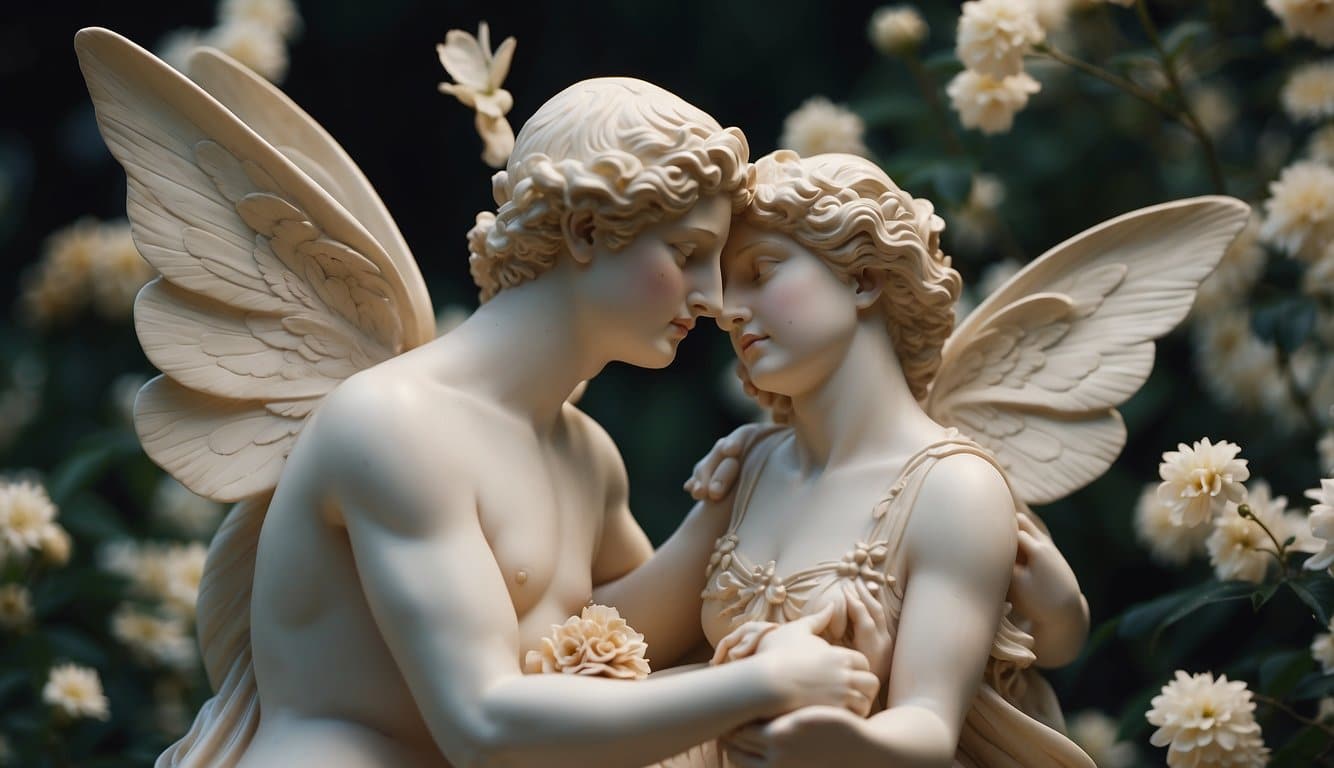 Eros und Psyche umarmen sich in einem himmlischen Garten, umgeben von blühenden Blumen und flatternden Schmetterlingen. Die Luft ist erfüllt von einem Gefühl der Liebe und Verzauberung 