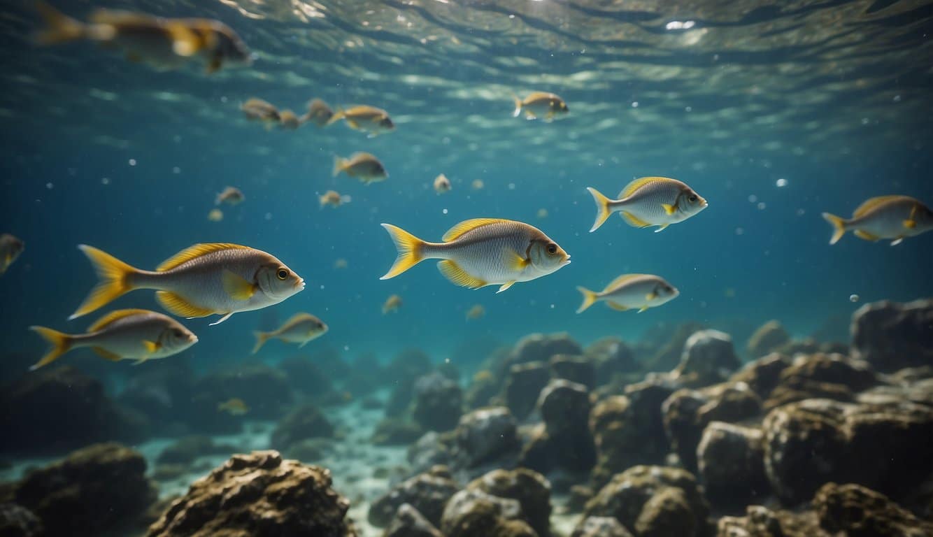 v2 8exen g9knh Ein Fischschwarm, der anmutig in einem ruhigen, kristallklaren Ozean schwimmt. Seine sanften Bewegungen spiegeln die ruhige und introspektive Natur des Tierkreiszeichens Fische wider.