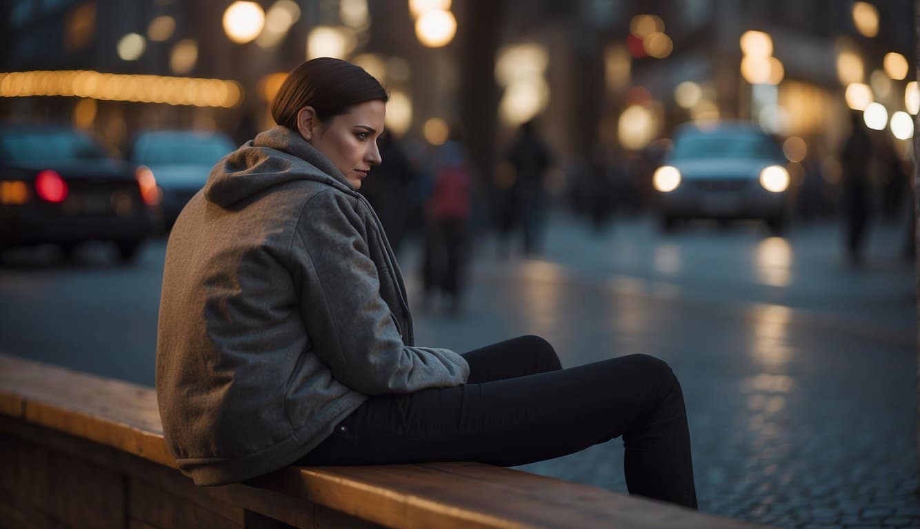 Eine Person, die mit einem krummen Rücken sitzt und sich den unteren Rücken vor Unbehagen hält. Ihr Gesichtsausdruck zeigt Anzeichen von Schmerz und geistiger Anspannung 