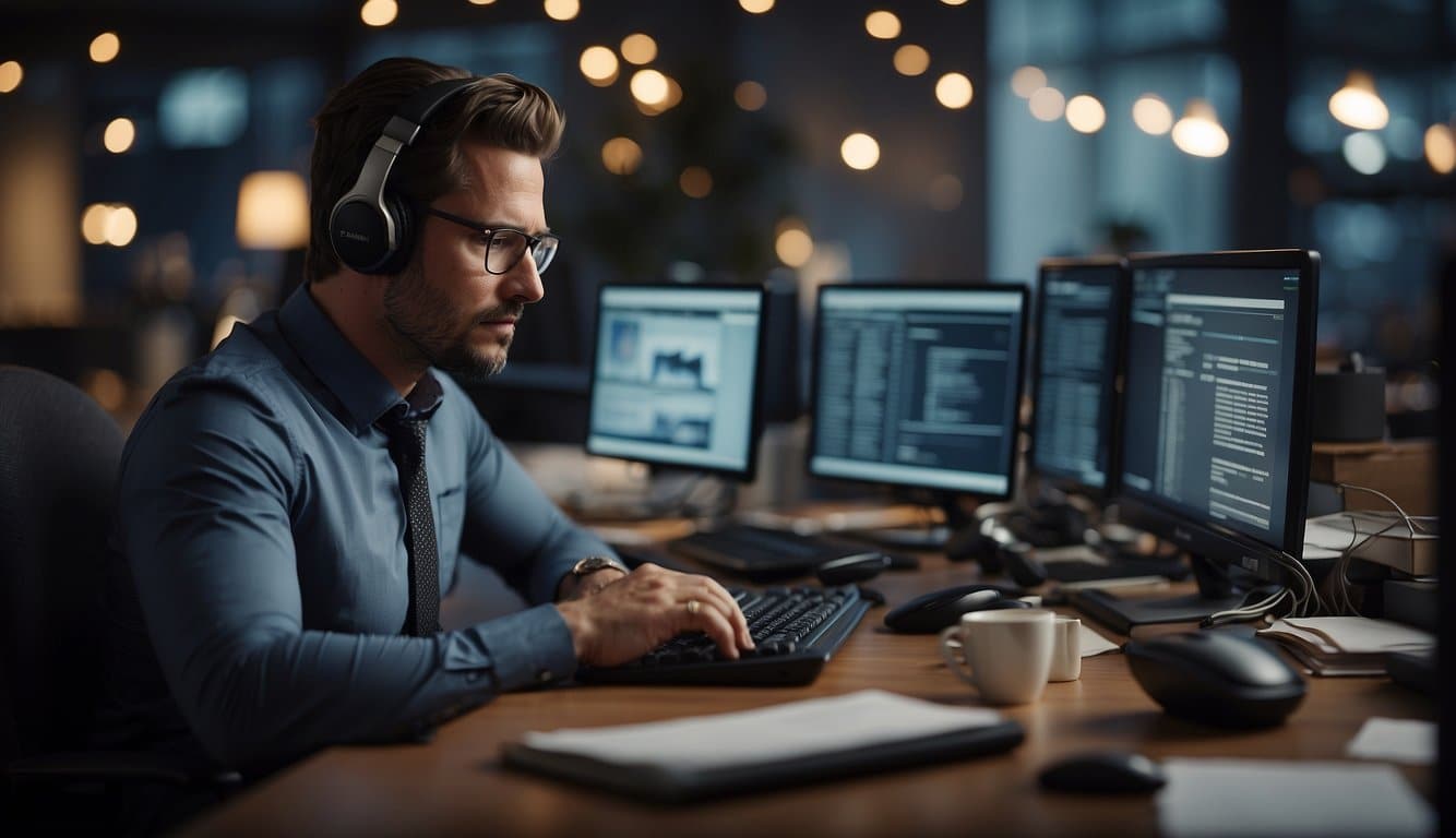 Eine Person, die mit gebeugtem Rücken an einem Schreibtisch sitzt, umgeben von stressauslösenden Elementen wie Computer, Telefon und Papierkram 