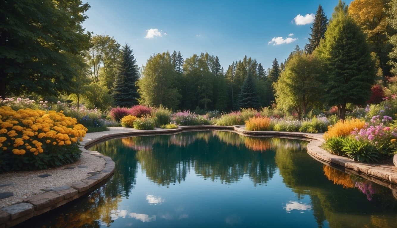 Ein lebendiger Garten mit bunten Blumen und einem ruhigen Teich, umgeben von hohen Bäumen und einem klaren blauen Himmel 