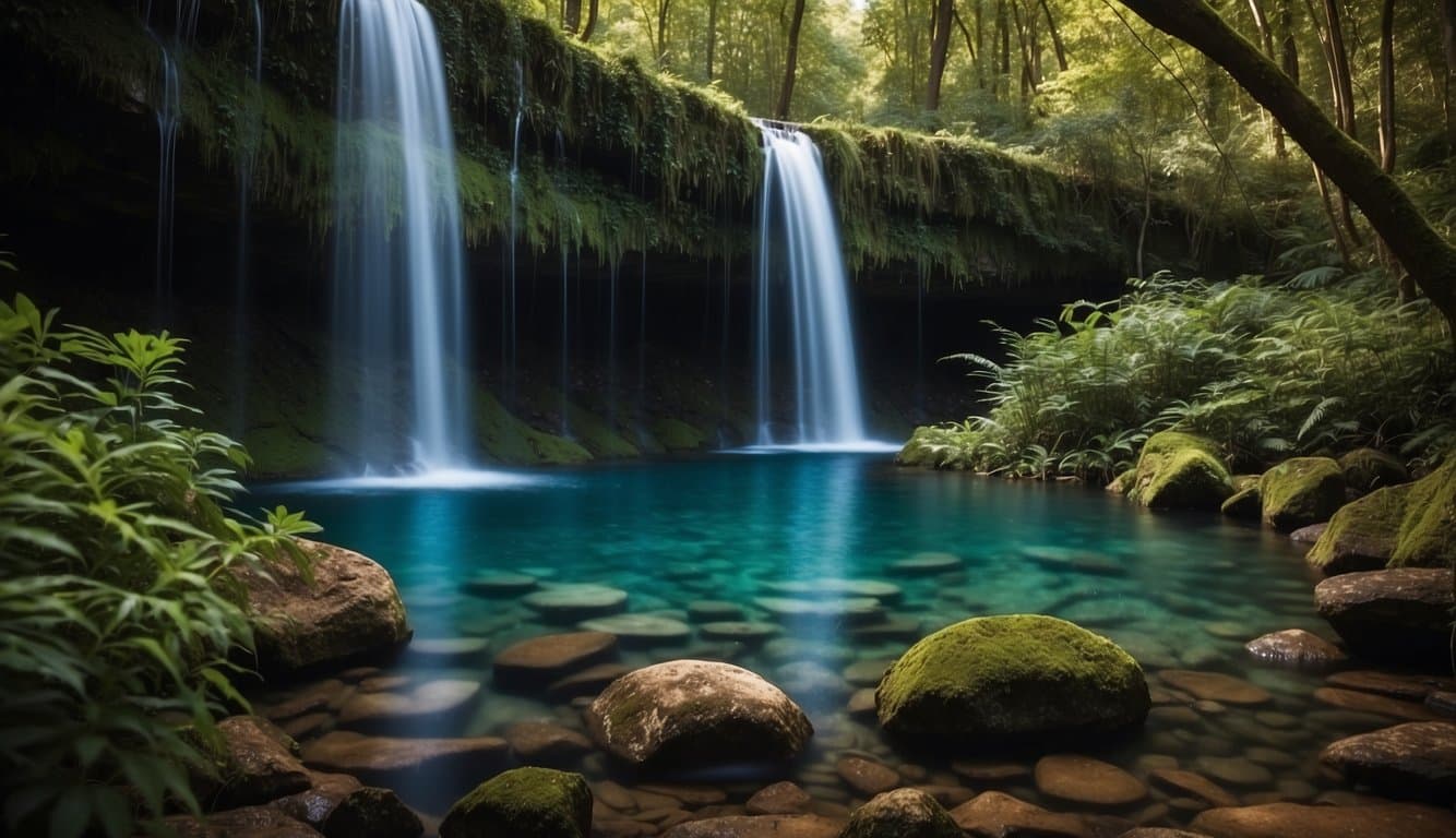 Ein ruhiger Wald mit lebendiger Flora und Fauna, einem Wasserfall und einem klaren, spiegelnden Pool in der Mitte 